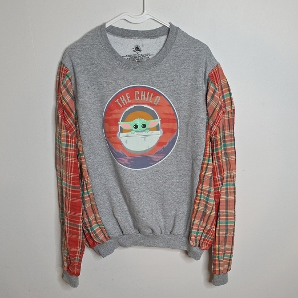 Disney Tops - Disney Gray The Child Custom Sweatshirt with Plaid Sleeves Sz Medium OOAK Custom